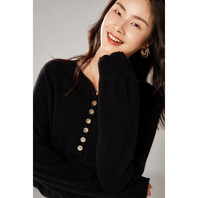 Autumn New Pure Wool O- Neck Puff Sleeve Button Knitting Pullover Casual Cashmere Sweater Commuter Simple Fashion Girl Clothes alx