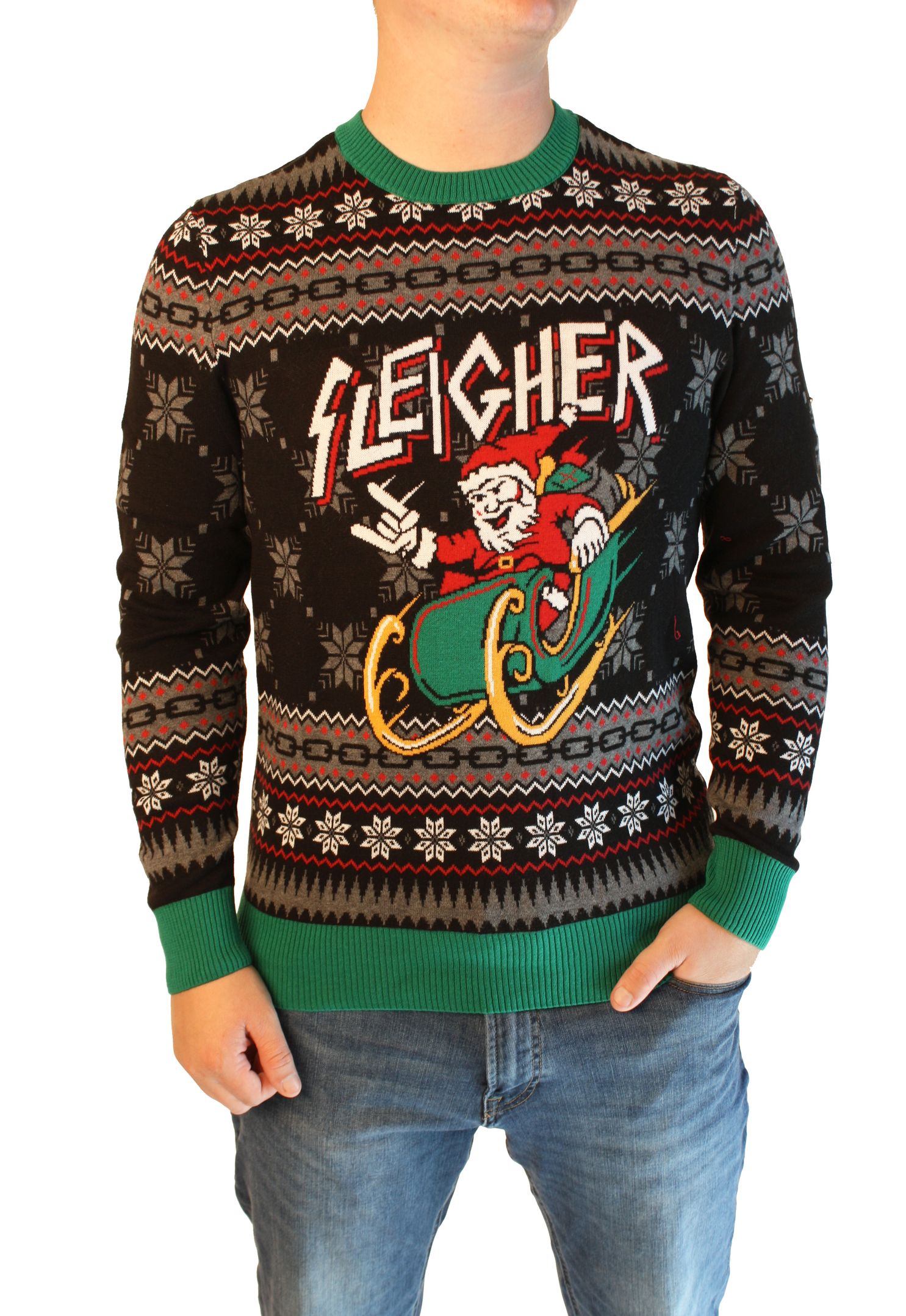 Ugly Christmas Sweater Men’s Xmas Metal Sleigher Santa Sleigh ...