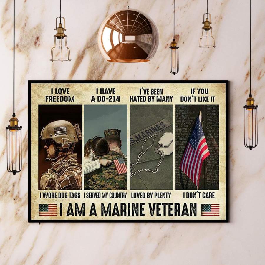 Marine veteran with daughter american flag I love freedom I am a marine veteran horizontal paper poster no frame/ wrapped canvas wall decor