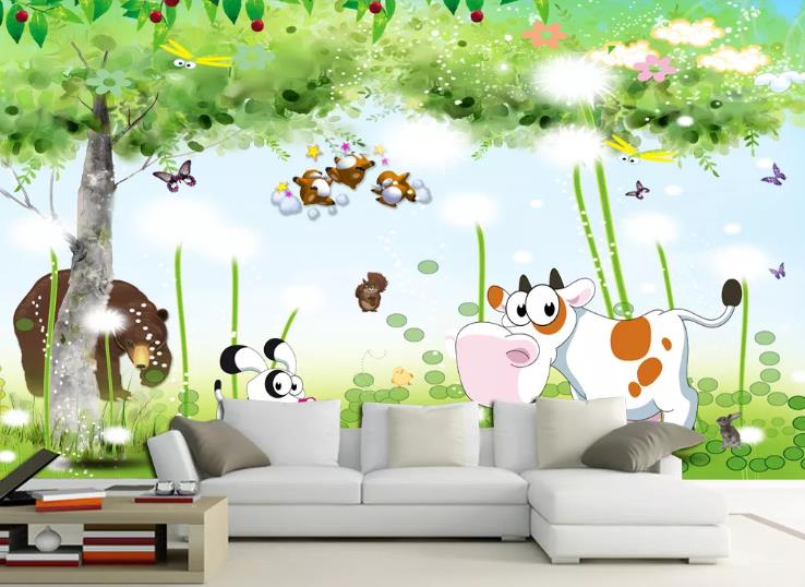 3D Cartoon Forest Tree Animal Wall Mural Wallpaper Lqh 626