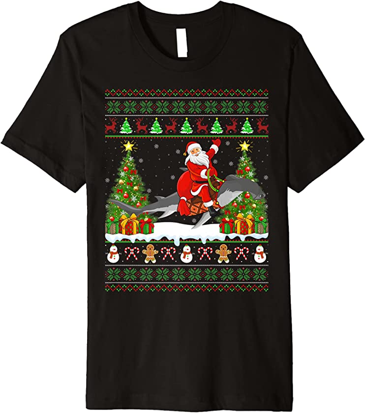 Shark Lover Ugly Santa Riding Hammerhead Shark Christmas Premium T-Shirt