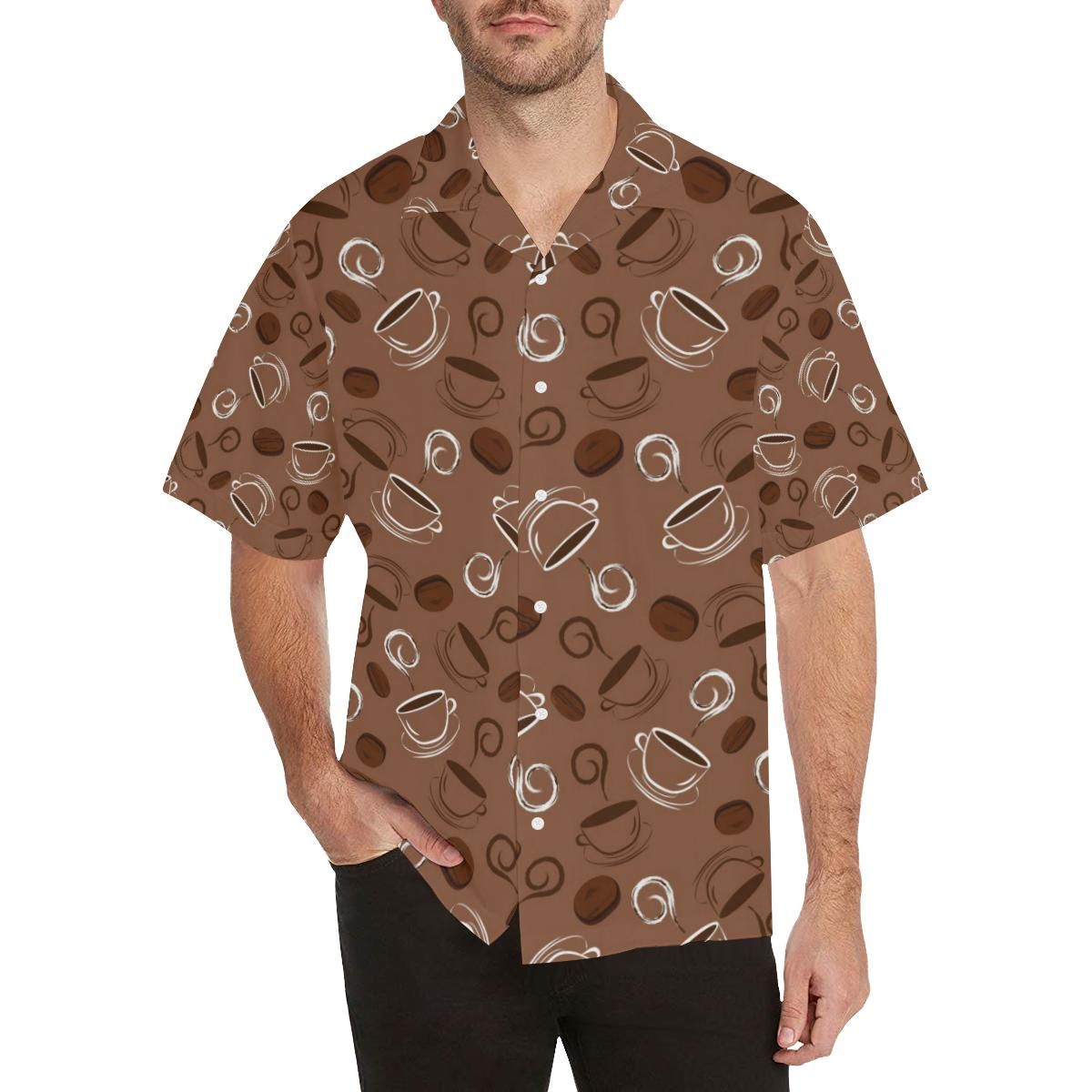 Coffee Cup And Coffe Bean Pattern Men’s All Over Print Hawaiian Shirt