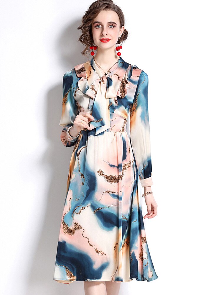 Spring New Runway Fashion Bow Collar Gradient Print Satin Midi Dress for Women Elegant Full Sleeve Aline Casual Holiday Vestidos alx