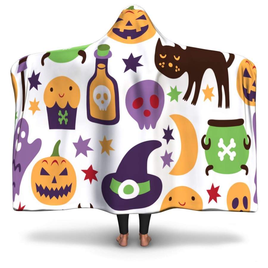 Cat, Witches, Bats, Candy Sweet And Pumpkins With Halloween Hooded Blanket