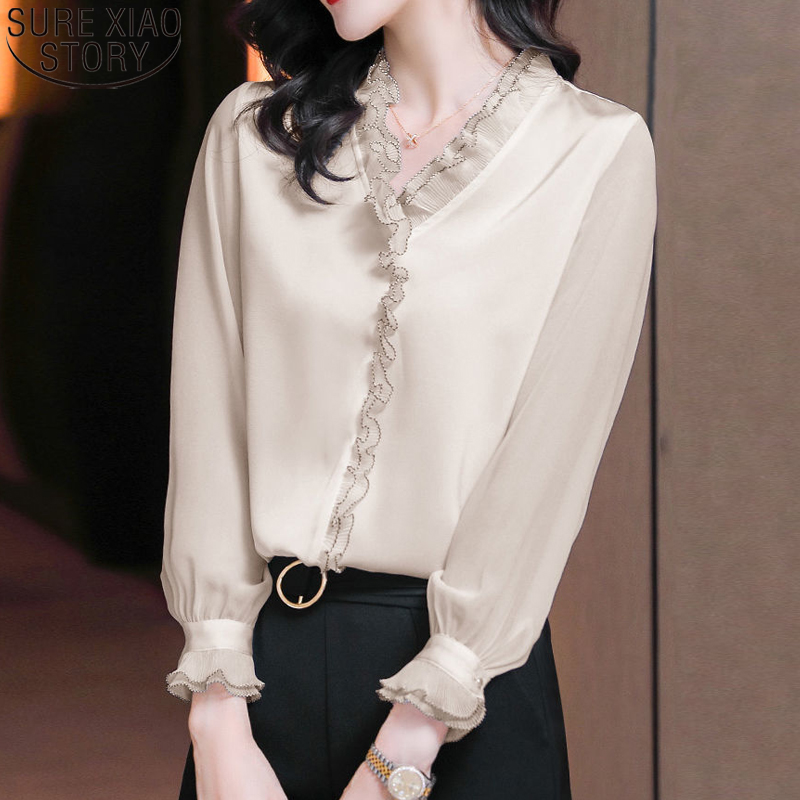 2022 Spring New Lace Ruffles Chiffon Shirts Women Casaul Clothing Office Lady Long Sleeve Pullovers Elegant Blouse 4XL 18313 alx