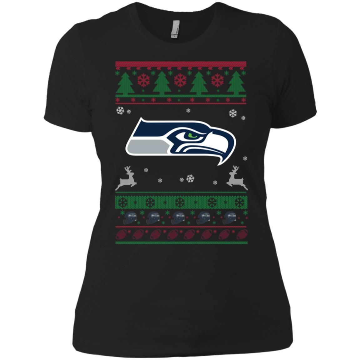 Seattle Seahawks Logo Football Teams Ugly Christmas Sweater Women T-Shirt