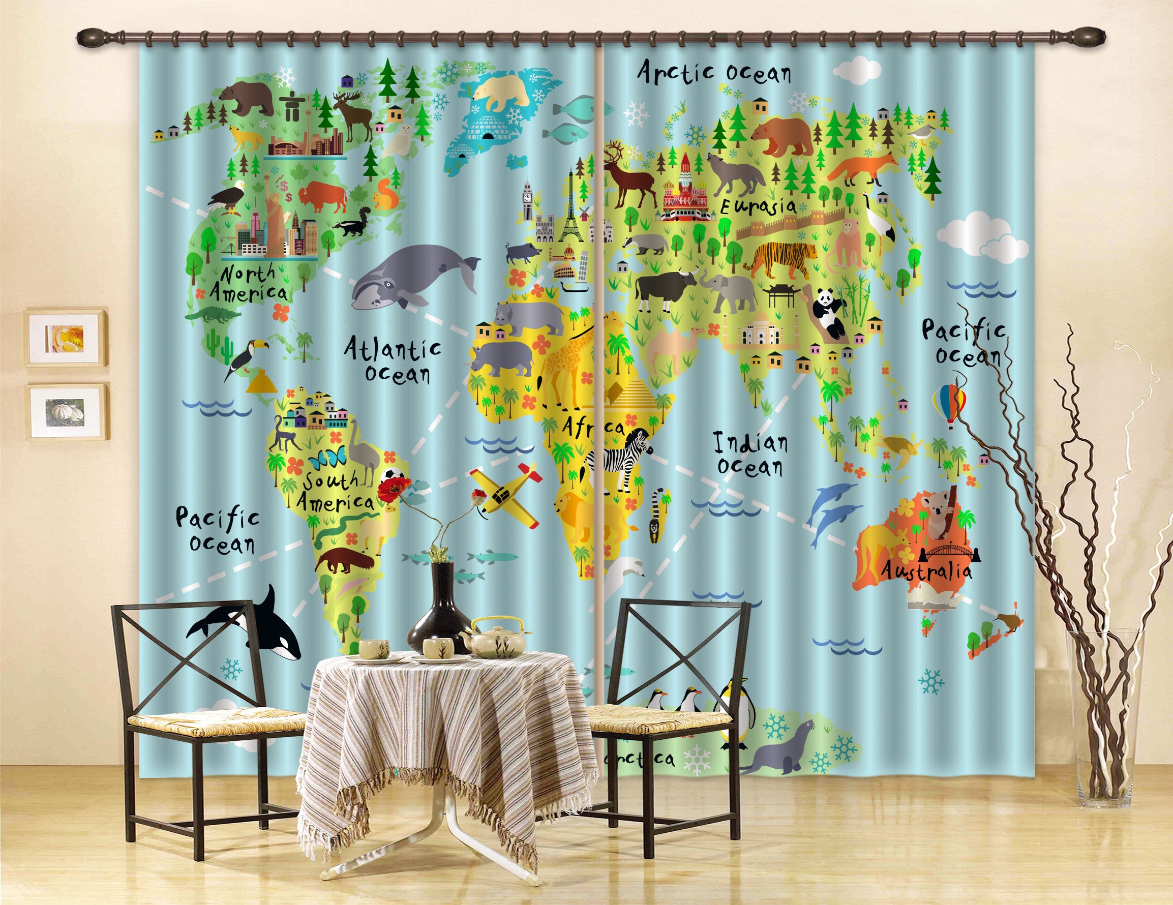 3D Blue World Map Animals Curtains And Drapes Lqh A582