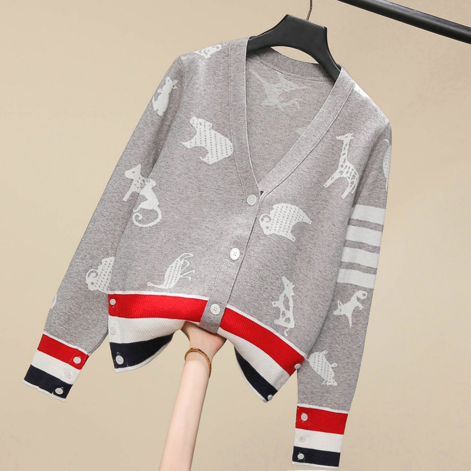 TB college style cute cartoon puppy animal jacquard pattern loose V-neck knitted cardigan sweater short coat autumn alx