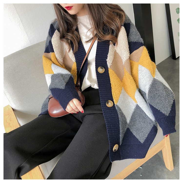 Women’s Loose Cardigan Sweaters Plaid Chic Oversized Button Puff Sleeve 2022 Red Coat Knitted Female alx