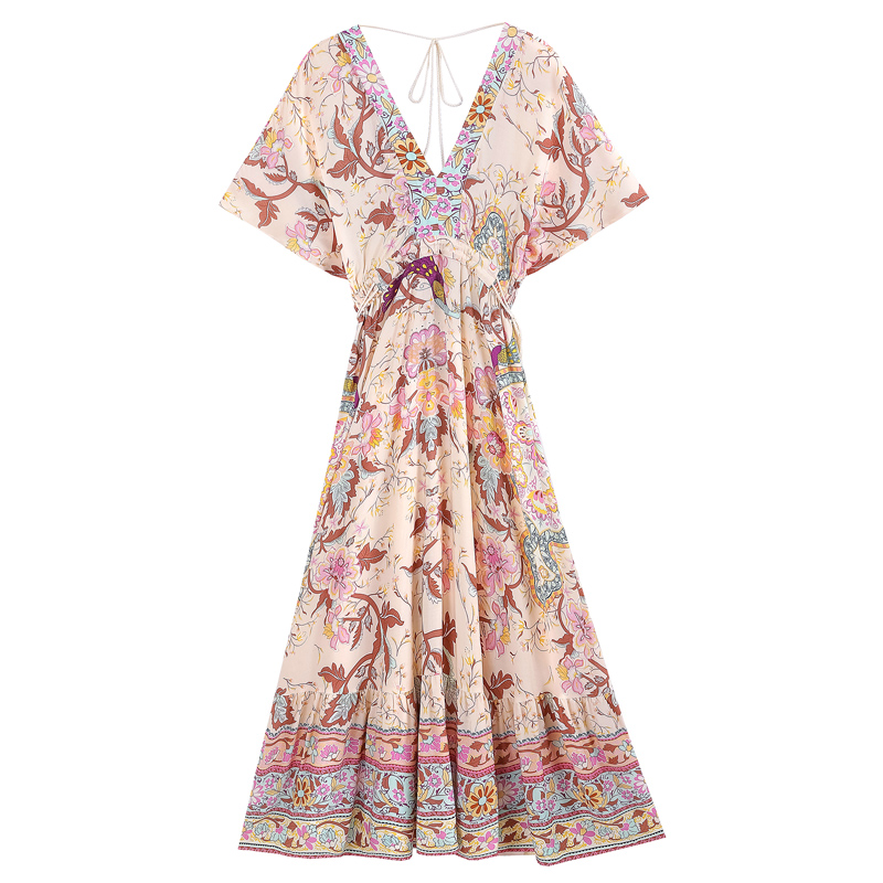 Boho Peacock Pink Floral Maxi Hippie Dress V Neck Short Sleeve Printed Long Dress Women Beach Vestidos Bohemian Dress Robe alx