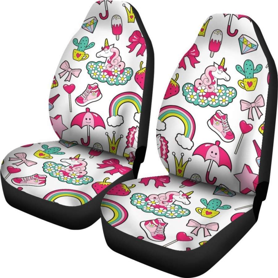 White Girly Unicorn Pattern Print Universal Fit Car Seat Covers