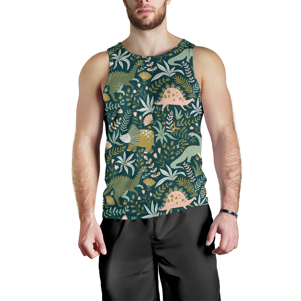 Dinosaurs Tropical Leaves Flower Pattern Men Tank Top