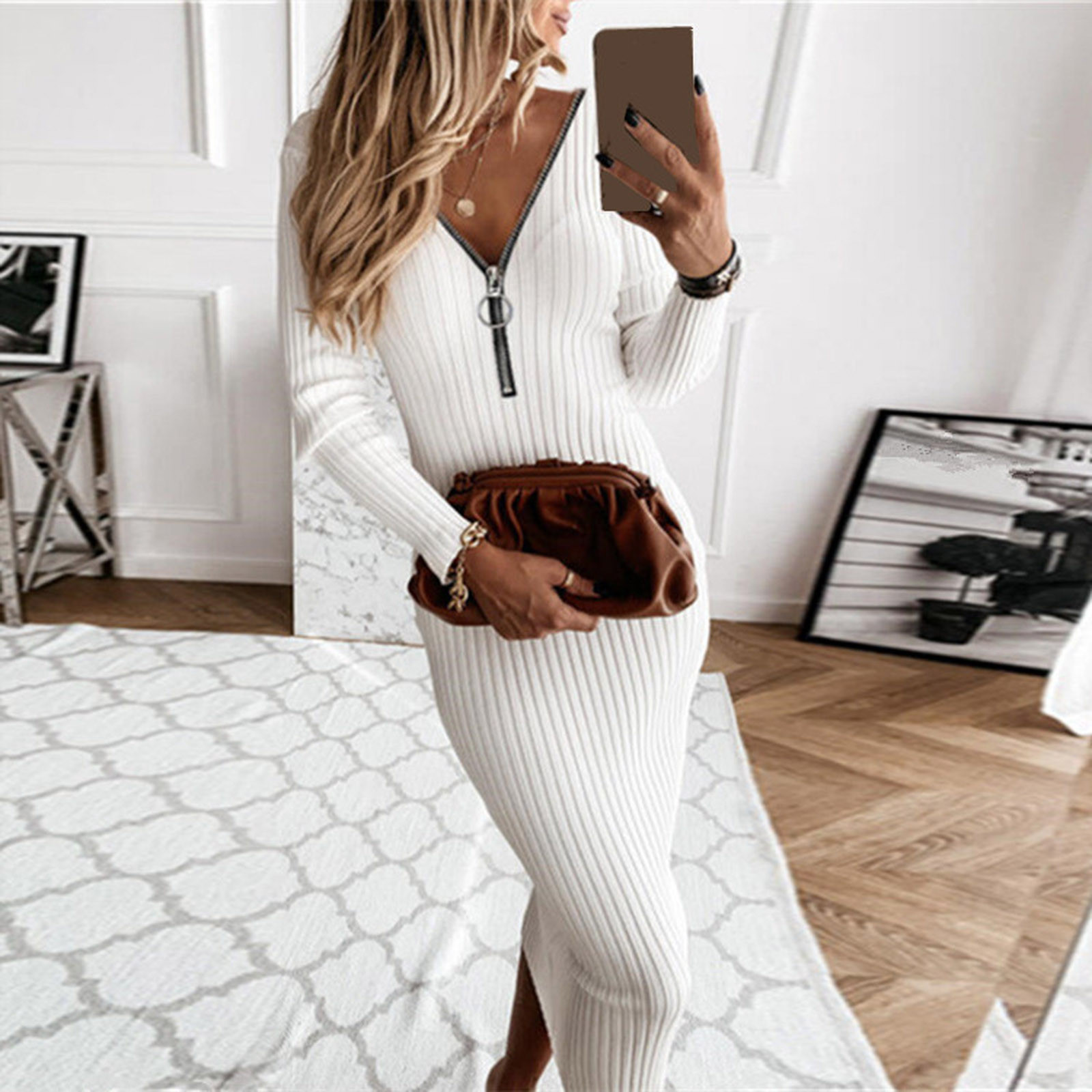 Autumn V-neck Fashion Casual Long Sleeve Party Bodycon Ribbed Knit Dress Women Autumn Winter Solid Slim Midi Women Sweater Dress alx