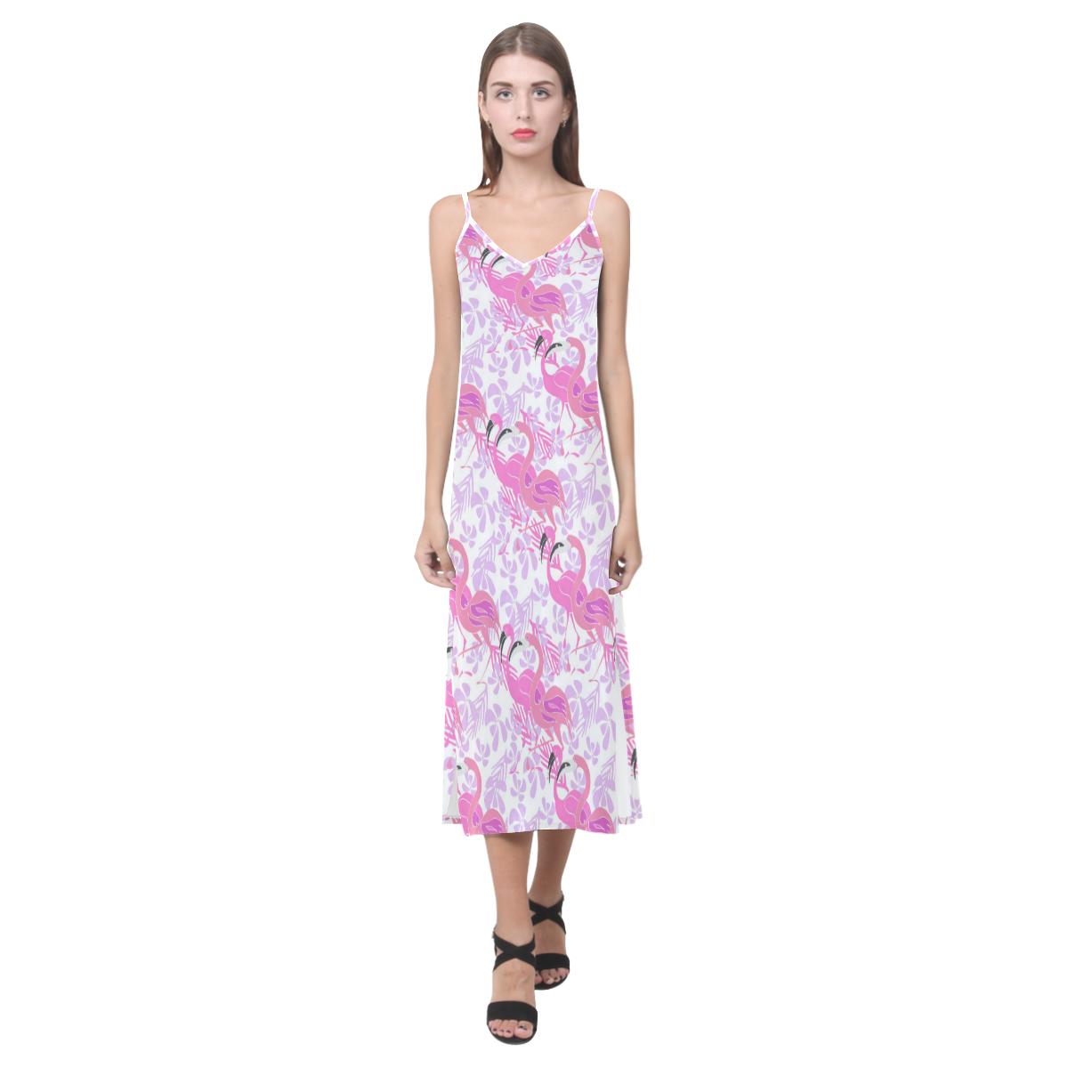 Pink flamingo flower pattern V-Neck Open Fork Long Dress