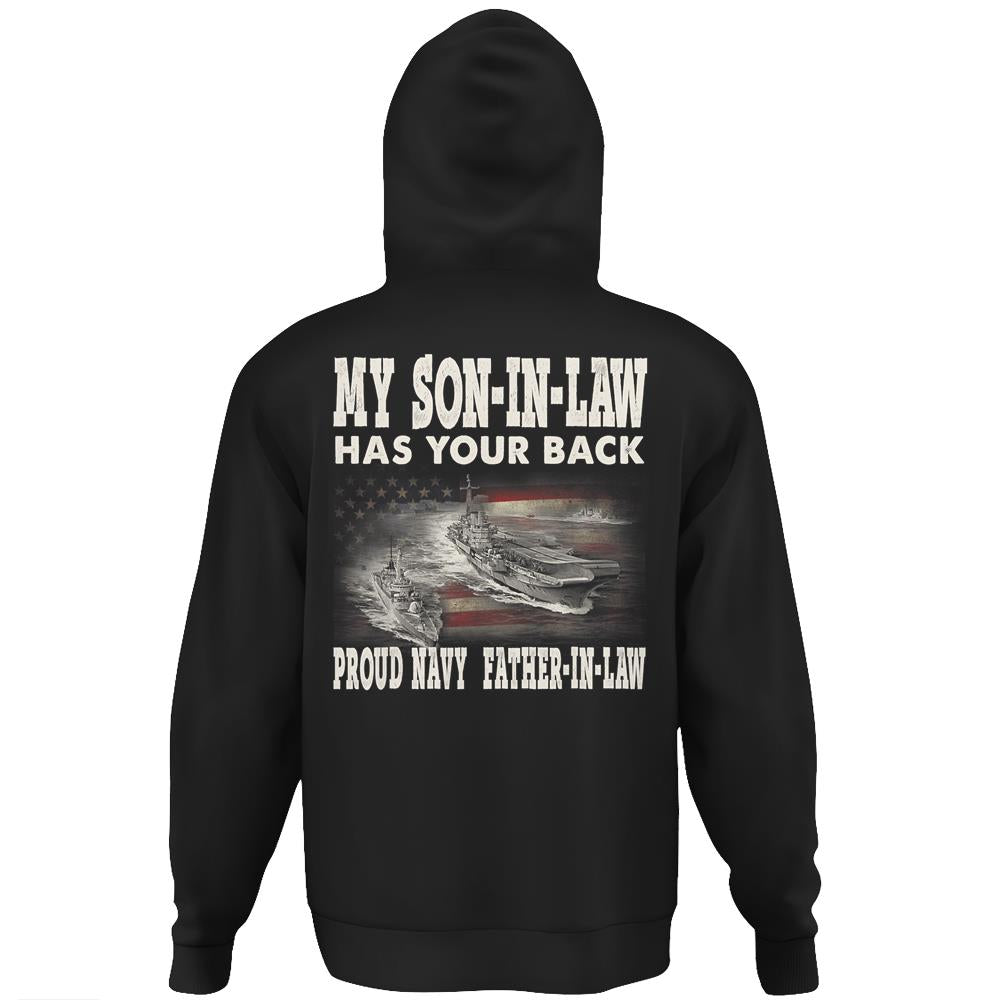 Mens Proud Navy Father-In-Law My Son-In-Law Has Your Back Hoodie Print On Back