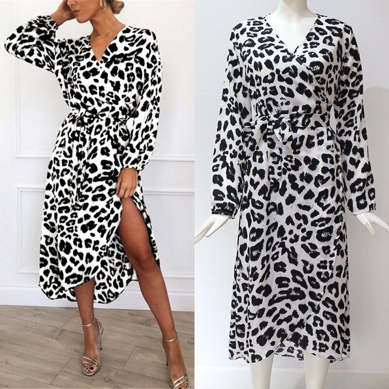 Leopard Chiffon Long Beach Loose Long Sleeve Dress