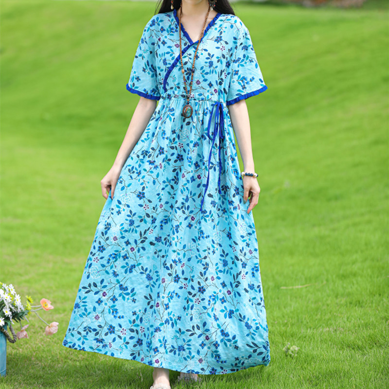 2022 New Print Floral Holiday Outdoor Travel Style Women Casual Summer Dress Thin Soft Cotton Linen Office Lady Work Long Dress alx