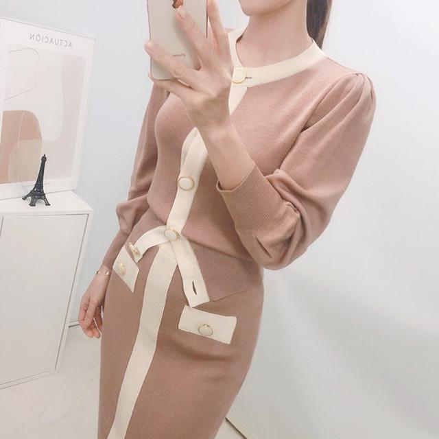 2021 Autumn Korean Knitted Color-blocked Two Piece Sets Women Long Sleeve Cardigan + Elastic Waist Long Skirt Suits Outfits alx