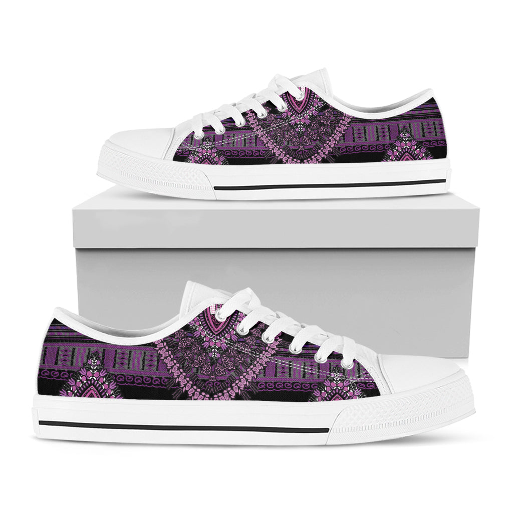 Purple And Black African Dashiki Print White Low Top Shoes