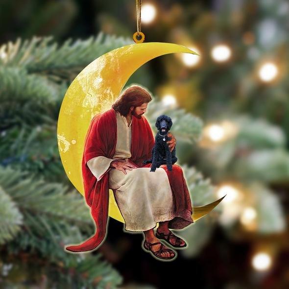 Black Poodle Dog And Jesus Sitting On The Moon Hanging Ornament