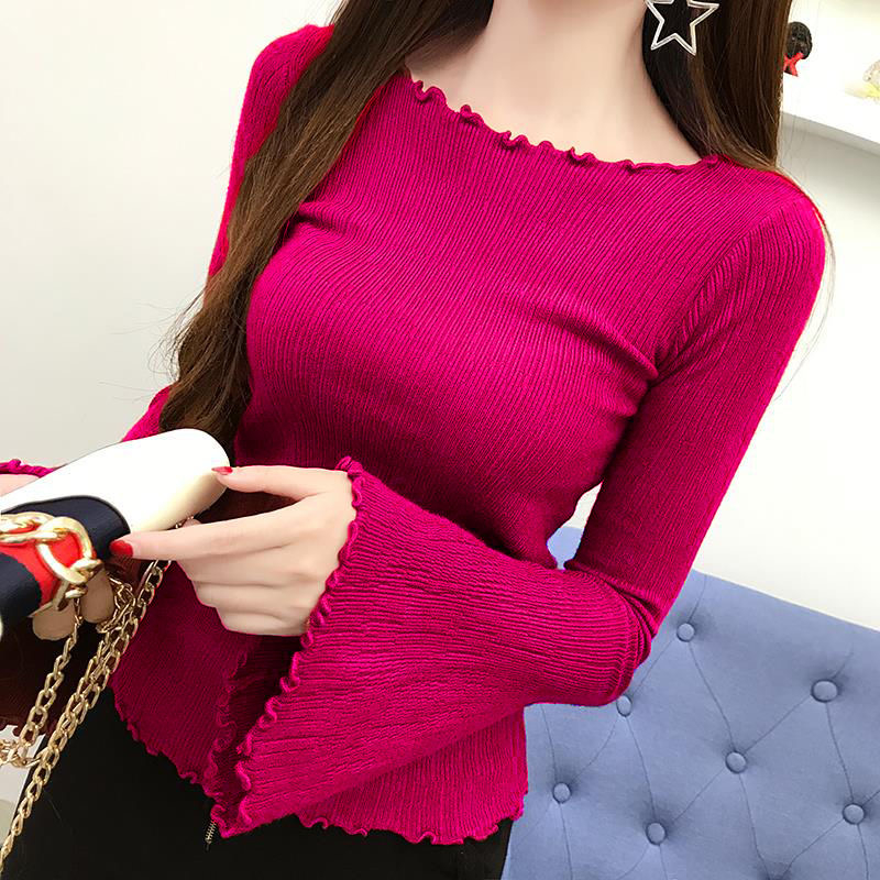 Slash Neck Full Flare Sleeve Sweet Knit Sweater Pullover Women Girl Autumn Thin T-Shirt Sweater Korean Harajuku Elegant Chic alx