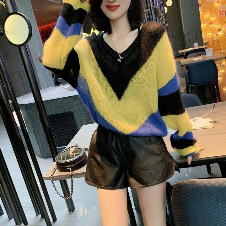 Women’s Sweater Korean Color Contrast V-neck Sweater 2022 New All-match Winter Long Sleeve Black Pullover Y2kTop Fashion свитер alx