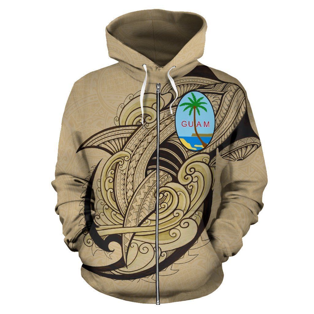 Unisex Guam Polynesian Shark Pattern Gold Color 3D Zip Hoodie All Over Print