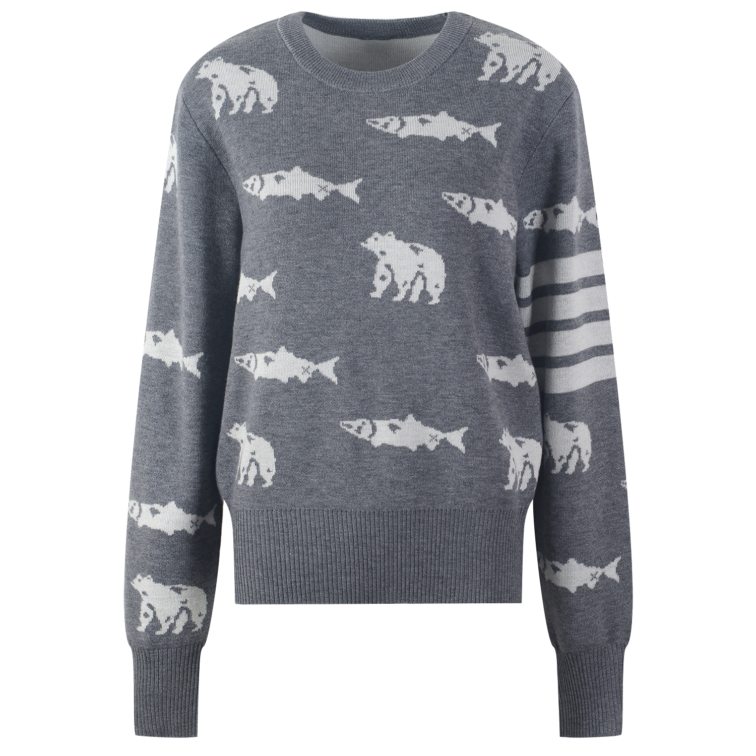 30 wool high-end college style four-bar fish bear jacquard animal TB shirt sweater long-sleeved pullover alx