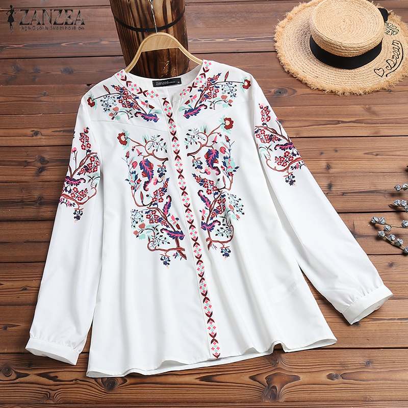 ZANZEA 2022 Fashion Printed Tops Women’s Autumn Blouse Bohemian V Neck Long Sleeve Shirts Female Casual Loose Blusas Oversized alx