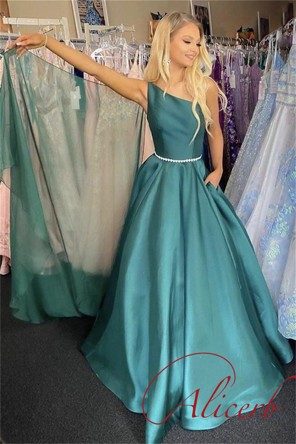 2022 Alicerb Elegant A-line One Shoulder Prom Dress Satin Long Evening Floor Length Beaded Sash Formal Party Gowns فساتين السهرة alx