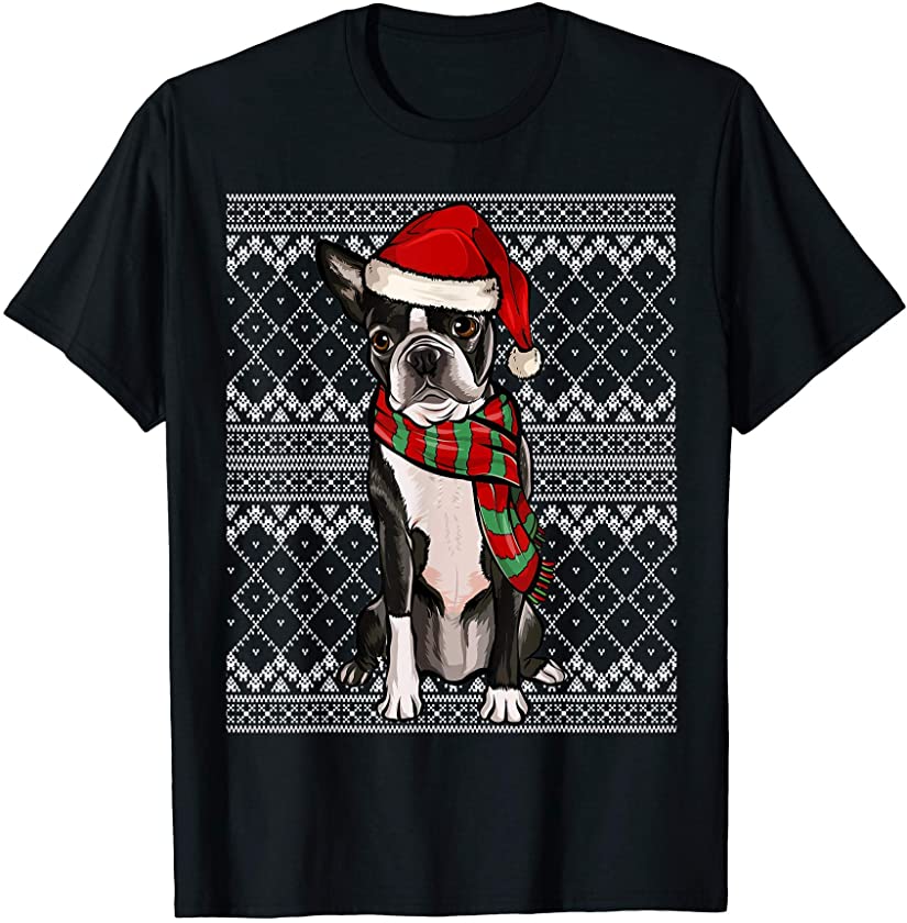 Xmas Boston Terrier Santa Claus Hat Ugly Christmas T-Shirt