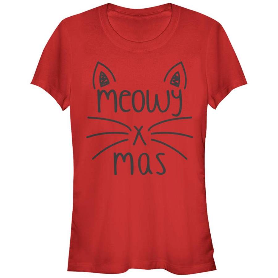 Lost Gods Junior’s Christmas Cat Meowy  T Shirt Red S