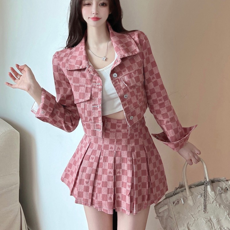 2022 Autumn Vintage Plaid Denim Outfits Women Turn Down Collar Long Sleeve Crop Top+High Waist Pleated Mini Skirt Two Piece Set alx