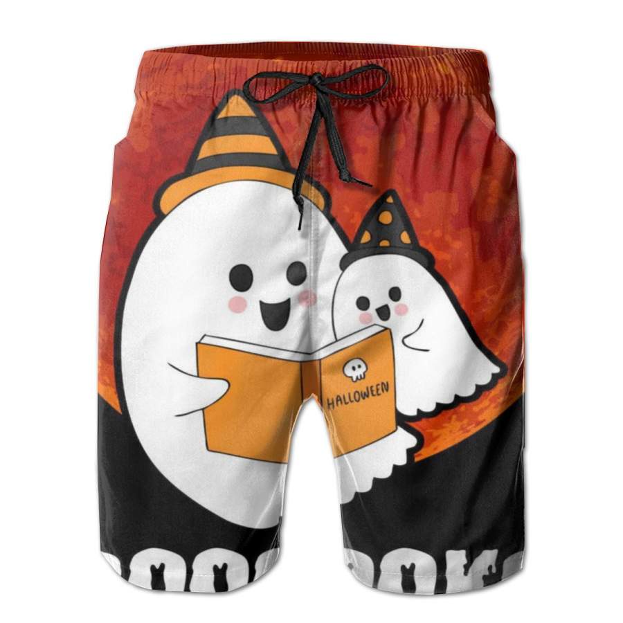 2 Pack Boooooks Funny Cute Halloween Book Poster Men Swim Trunks Drawstring Elastic Waist Quick Dry Beach Shorts with Mesh Lining Swimwear Bathing Suits