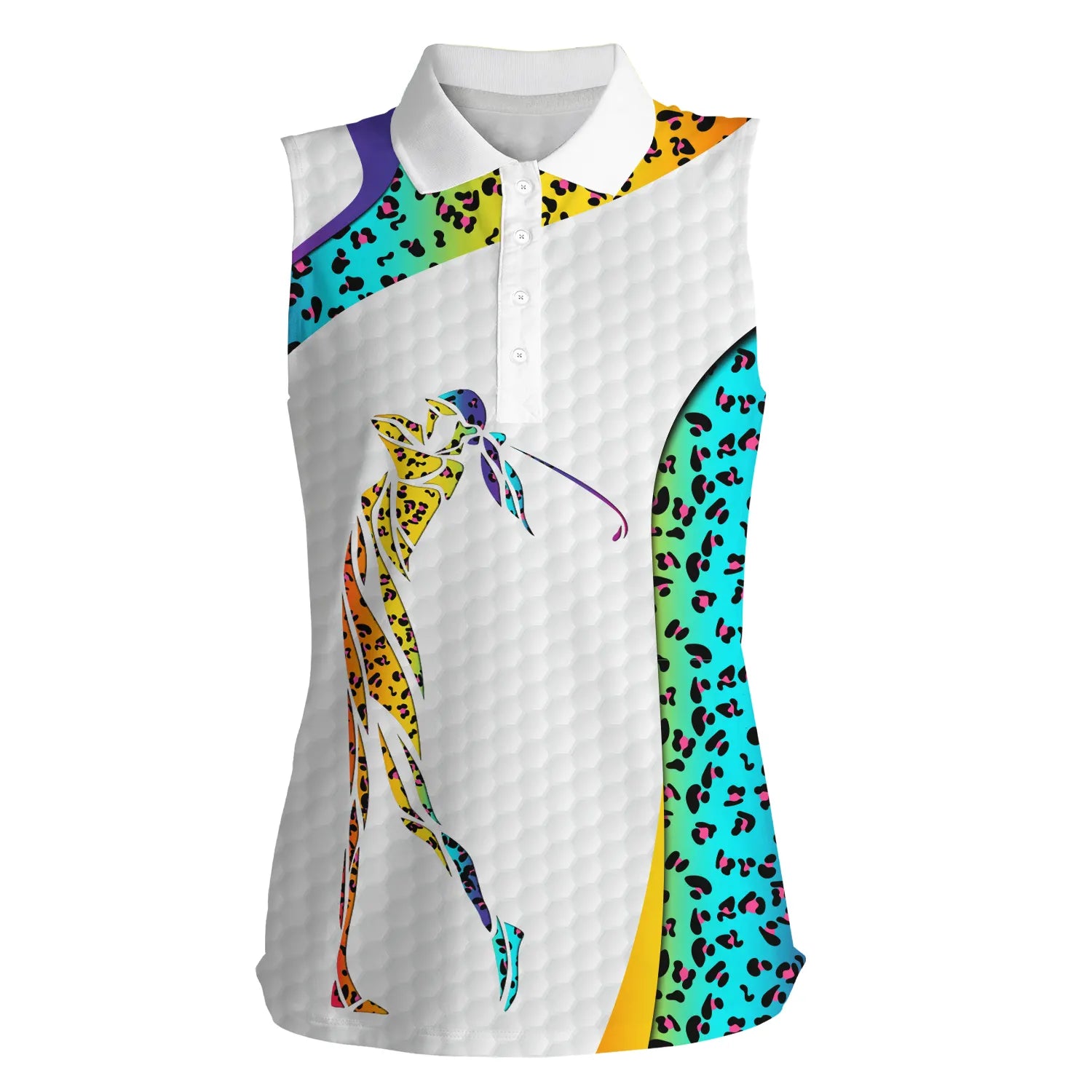 Rainbow Neon Leopard Pattern Golf White Womens Sleeveless Polo Shirts