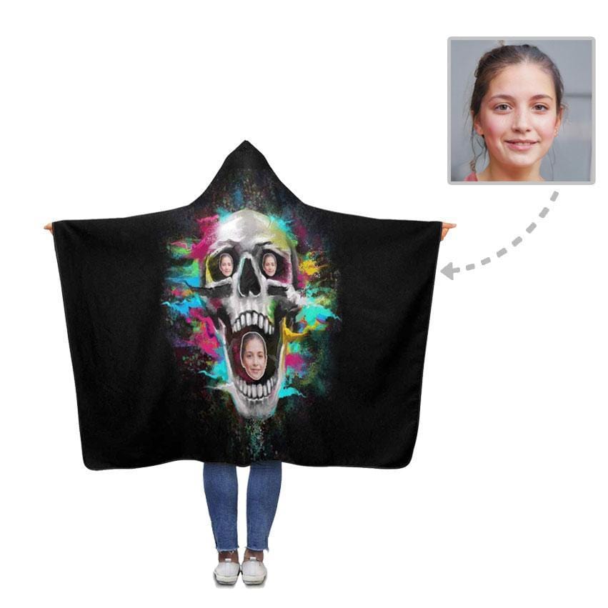 Custom Face Colorful Skull Hooded Blanket