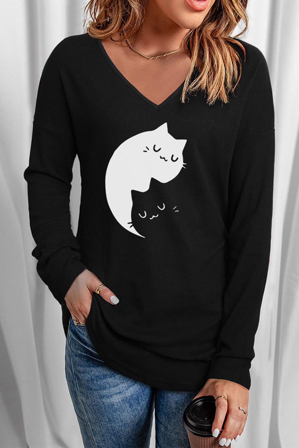 White Animal Cat Casual Cotton Sweatshirt