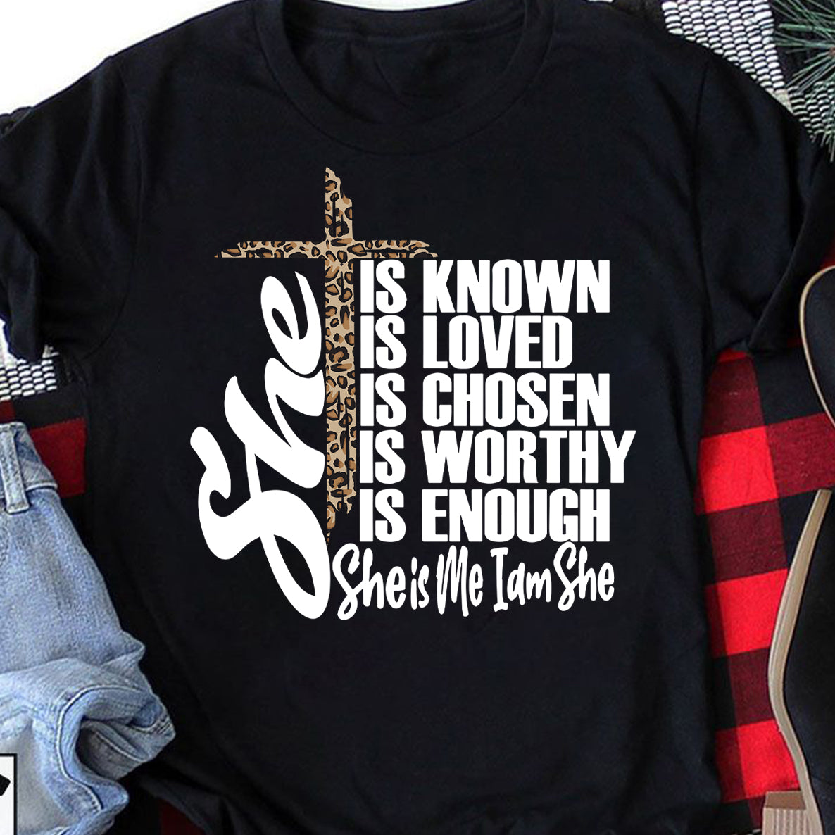 She Is Known Loved Chosen Worthy Enough – Leopard Cross Customizable – Standard T-Shirt