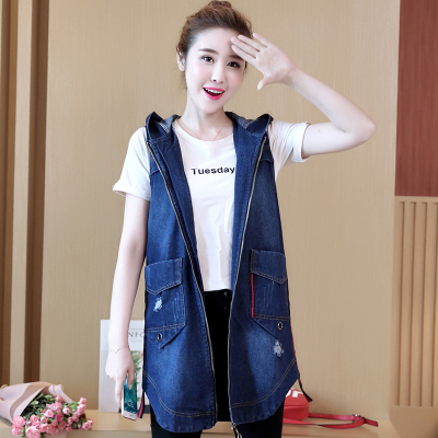 UHYTGF 5XLCasual Women Jeans Vest Coats Ladies Fashion Hole Hooded Loose Spring Waistcoat Sleeveless Long Denim Vest Female 1236 alx