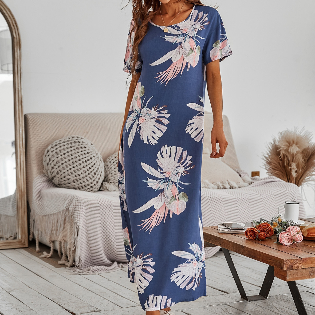 Summer Women’s Nightdress Sexy Round-neck Elegant Leaves Print Female Sleepwear Home Wear Night Dress Women Sleepwear Nightgown alx