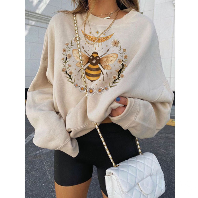 Women Sweatshirt Autumn Longs Sleeve Loose Bee Flower Print Hoodies Casual Streetwear Tops Vintage Sweatshirts Fashion Pullovers alx