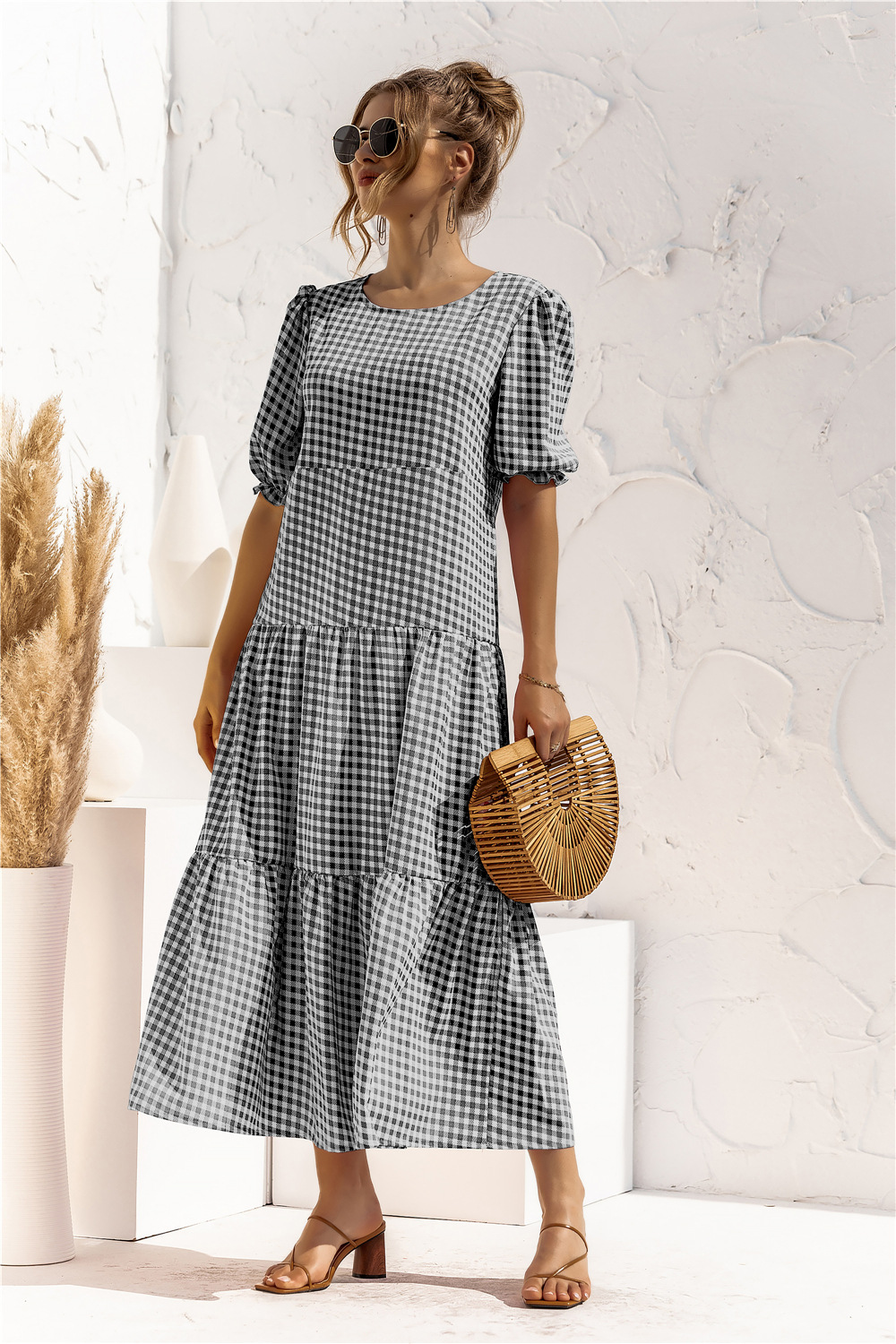 Summer Polka Dot Plaid Print Robe Maxi Dress Women Elegant Puff Sleeve Casual Patchwork Loose Holiday Party Long Vestidos alx