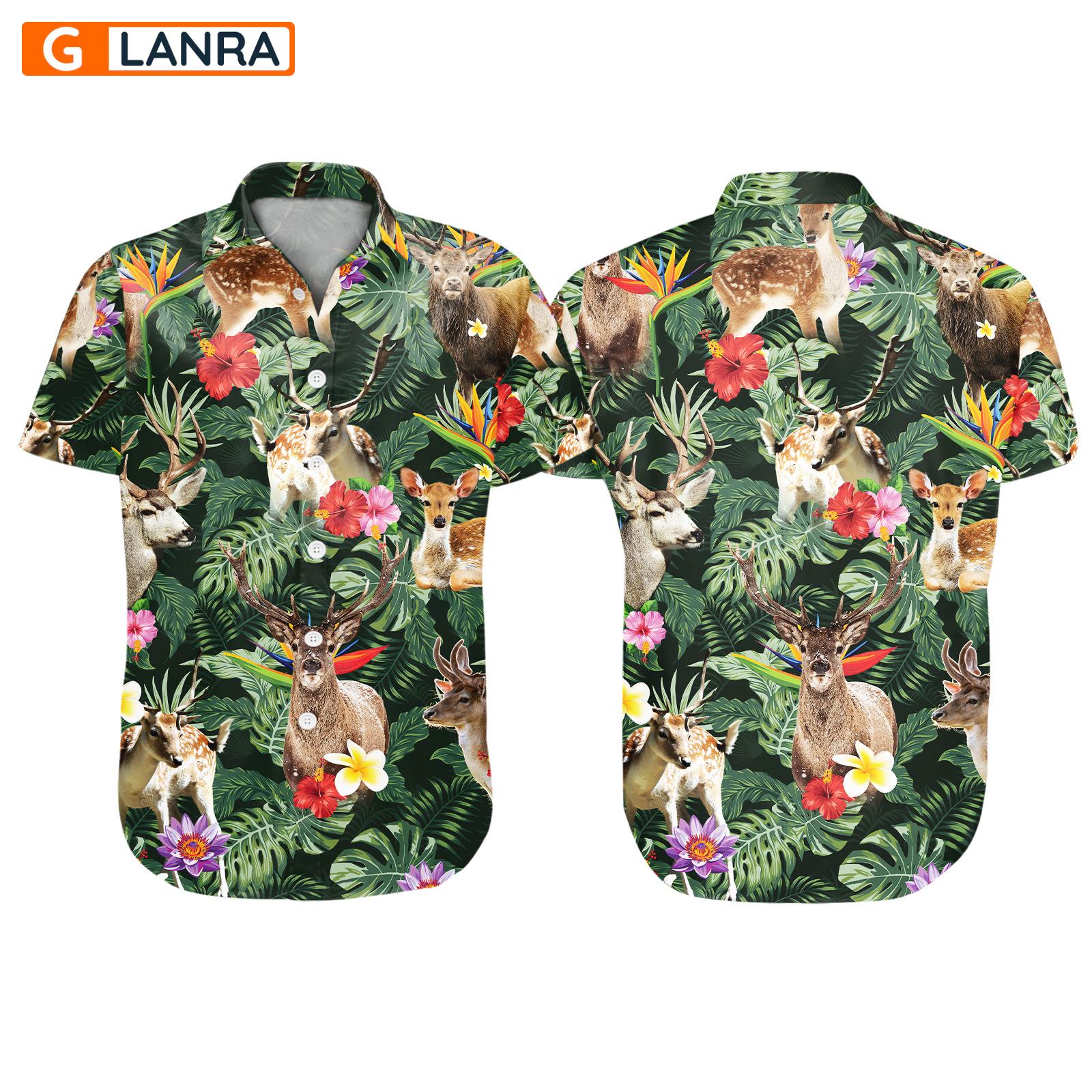 Deer Tropical Leaves Flower Button Shirt, Deer Button Shirt, Summer Deer Hawaiian Shirt, Deer Leaf Hawaiian Shirt, Summer Tropical Shirt