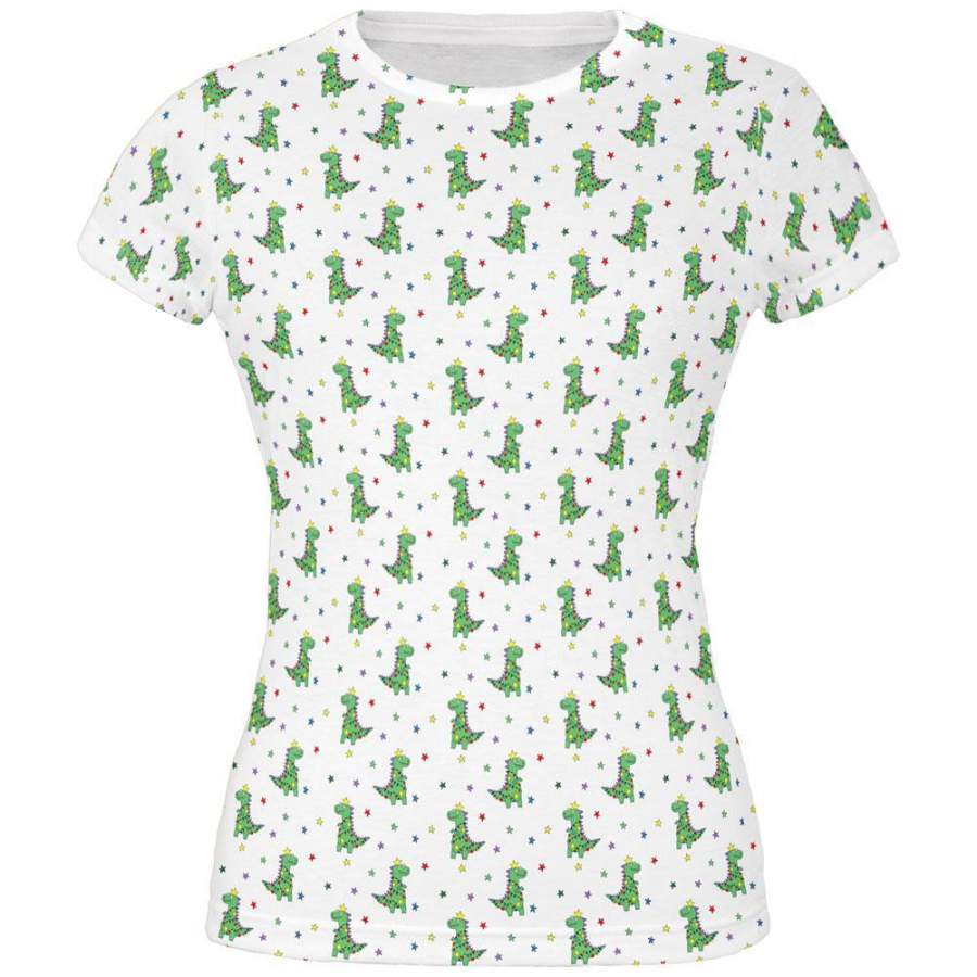 Christmas Tree Rex T-Rex Dinosaur Pattern All Over Juniors T Shirt