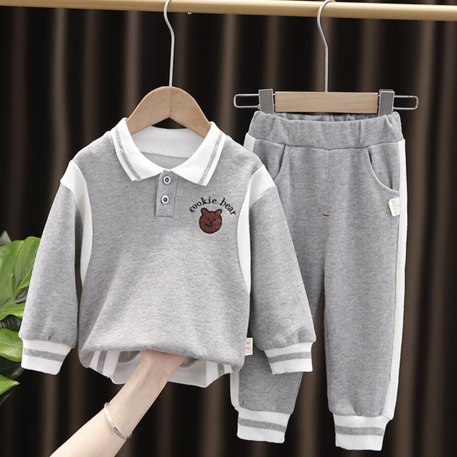 2022 Spring Autumn New Children’s Cute Cartoon Bear Long-Sleeved Boys And Girls Lapel Sweater Sports Suit Baby Casual Two-Piece alx