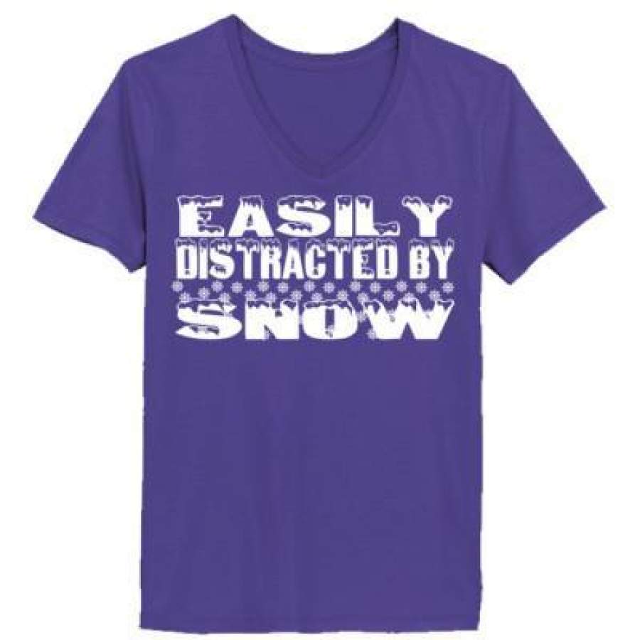 AGR Easily Distracted By Snow – Ladies’ V-Neck T-Shirt