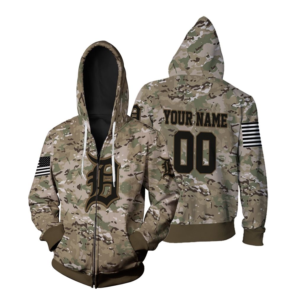 Detroit Tigers Camouflage Veteran Personalized Olive Zip Hoodie