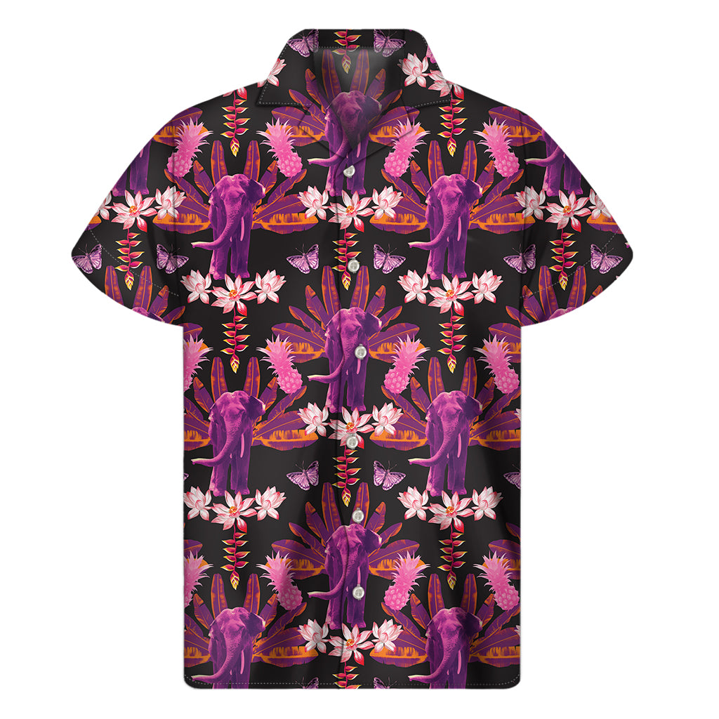 Purple Tropical Elephant Pattern Print Men’S Short Sleeve Shirt