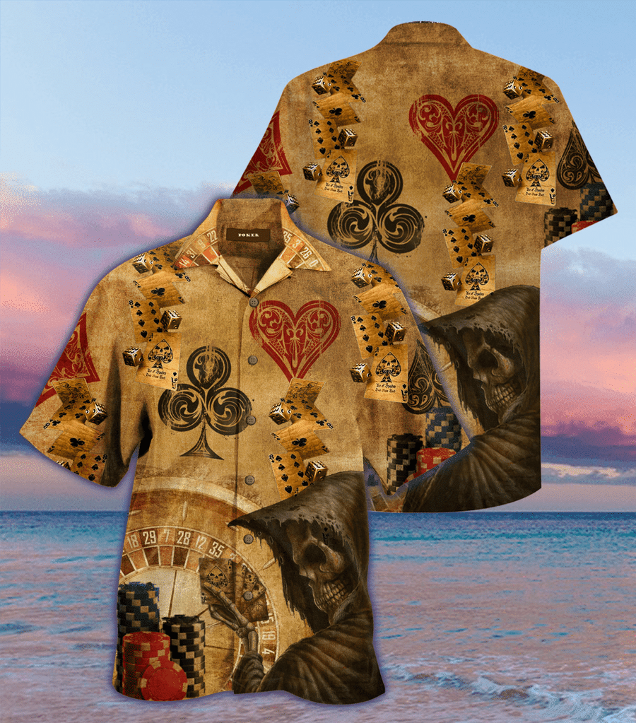 Playing Card Grim Reaper Print Polyester Hawaii Aloha Shirts Ha65642