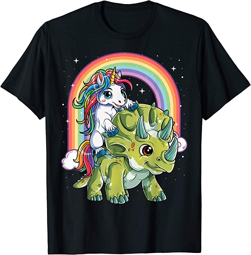 Unicorn Riding Dinosaur T shirt Triceratops Rainbow Gifts T-Shirt